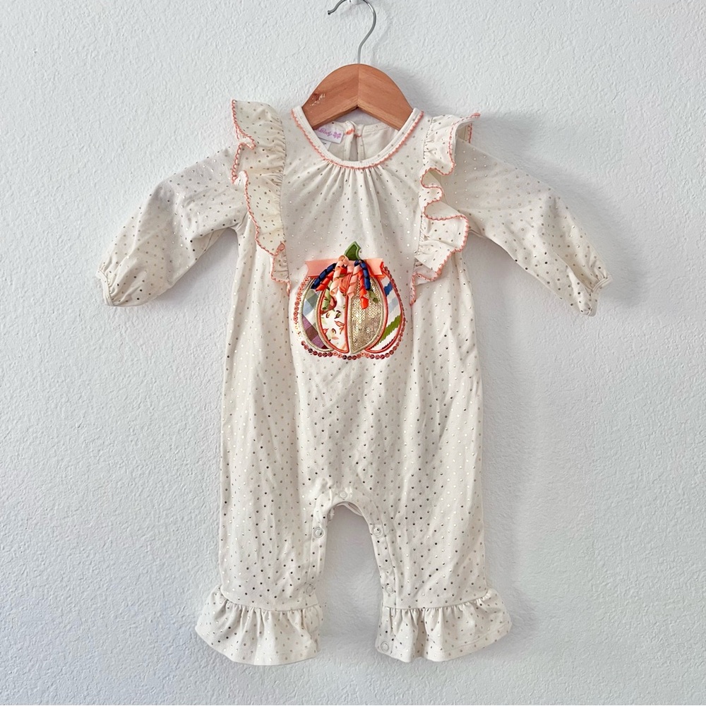 Bonnie Baby Embroidered Patch Pumpkin Polka Dot Ruffle Outfit Sz 12M